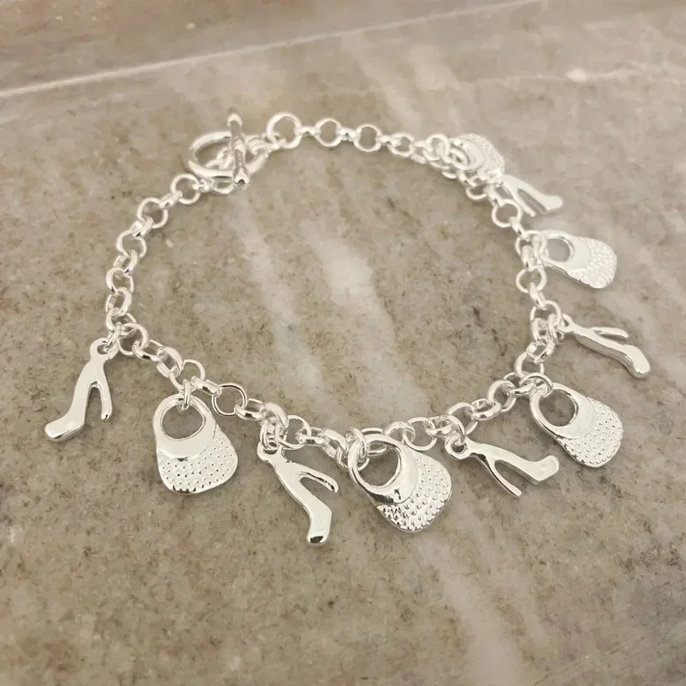 925 Sterling Silver Shoe Handbag Charm Bracelet Toggle Bracelet